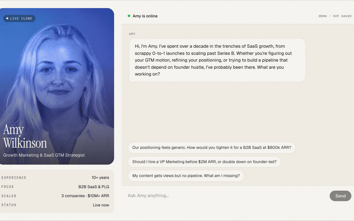 An Aiva clone: a named person's expertise, ready to answer in their own voice
