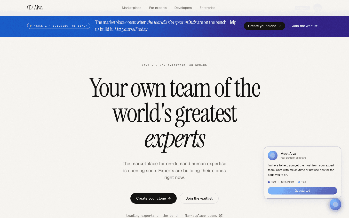 The Aiva marketplace, where people hire a named expert's clone by the question